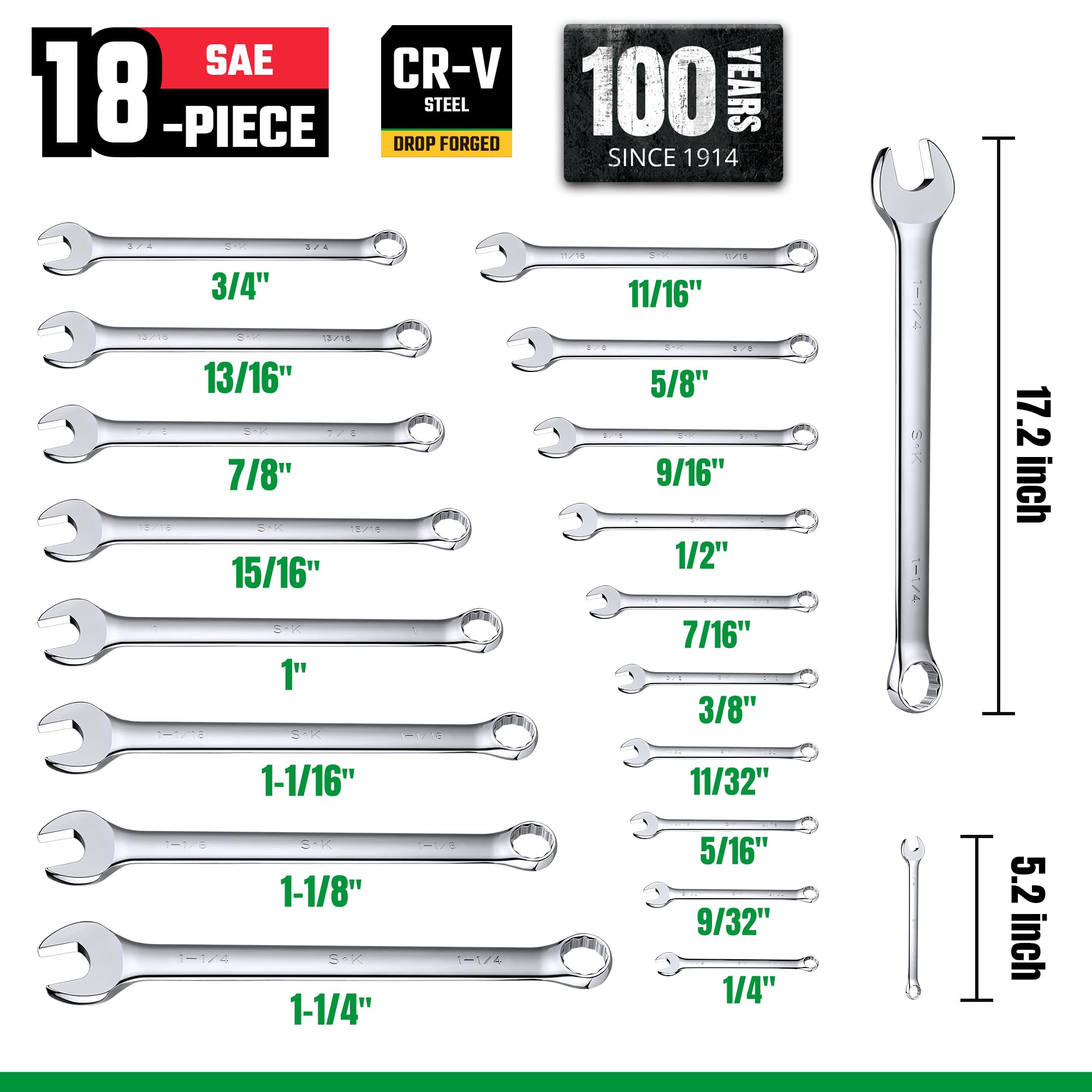 SK 12-point full-drive box end provides a firm grip on fasteners.