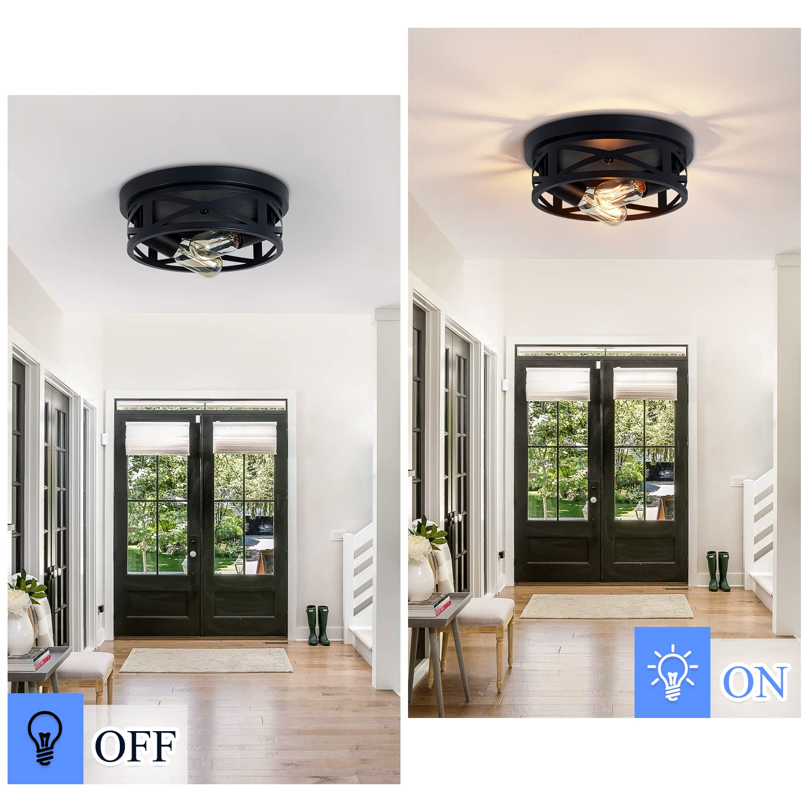 SKEJAO 2-light flush mount ceiling fixture black for easy bulb replacement.