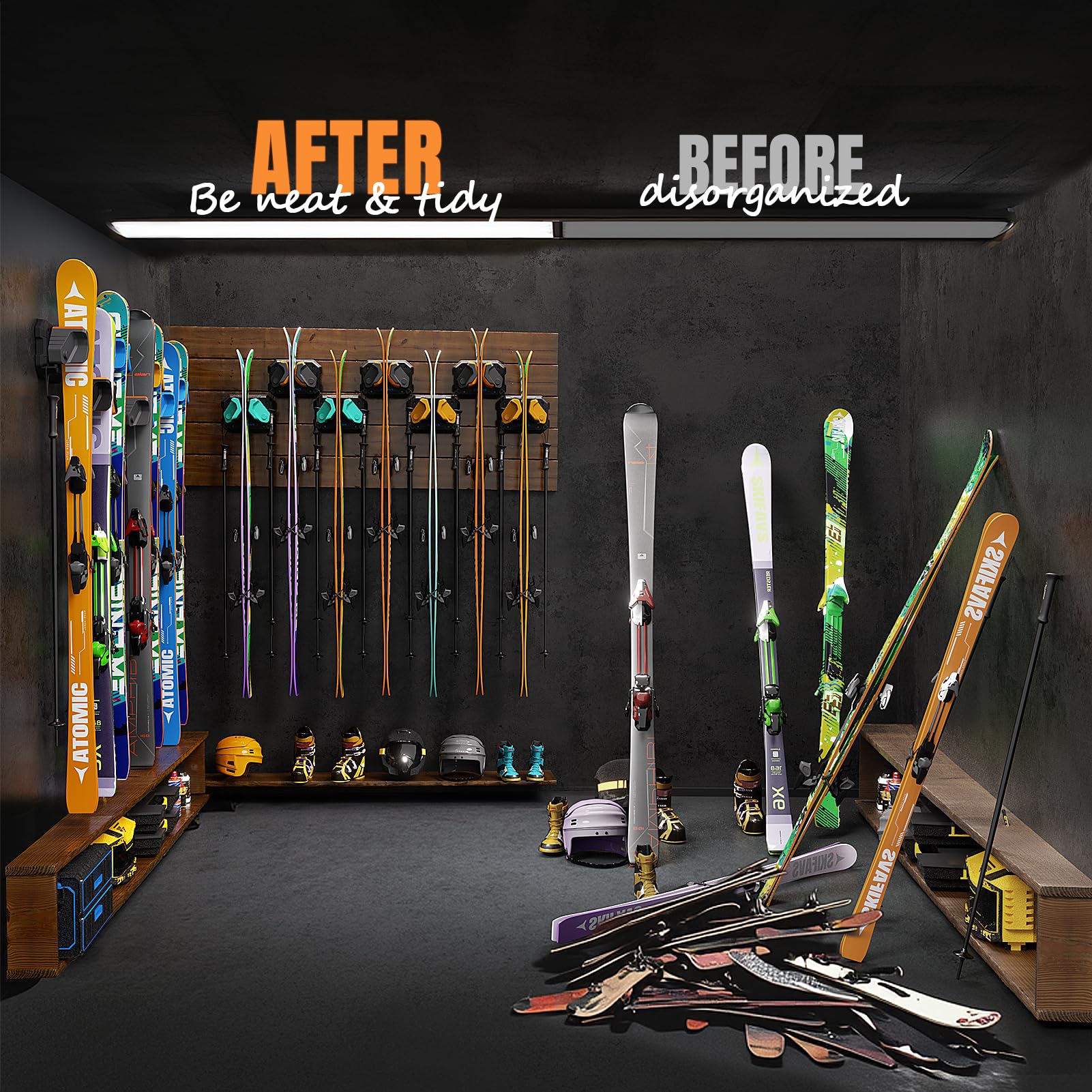 Skifavs gear hooks organize poles and skis for easy access