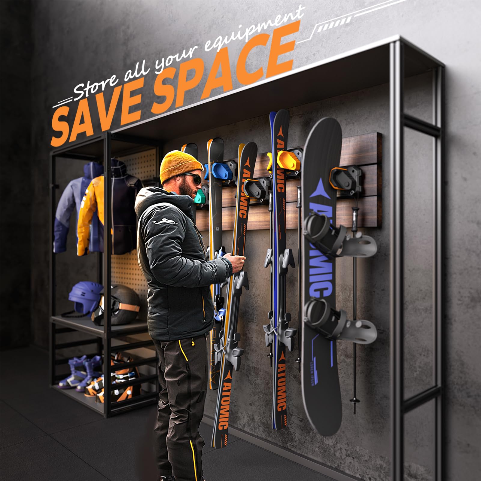 Skifavs snowboard wall rack holds gear securely in a compact setup