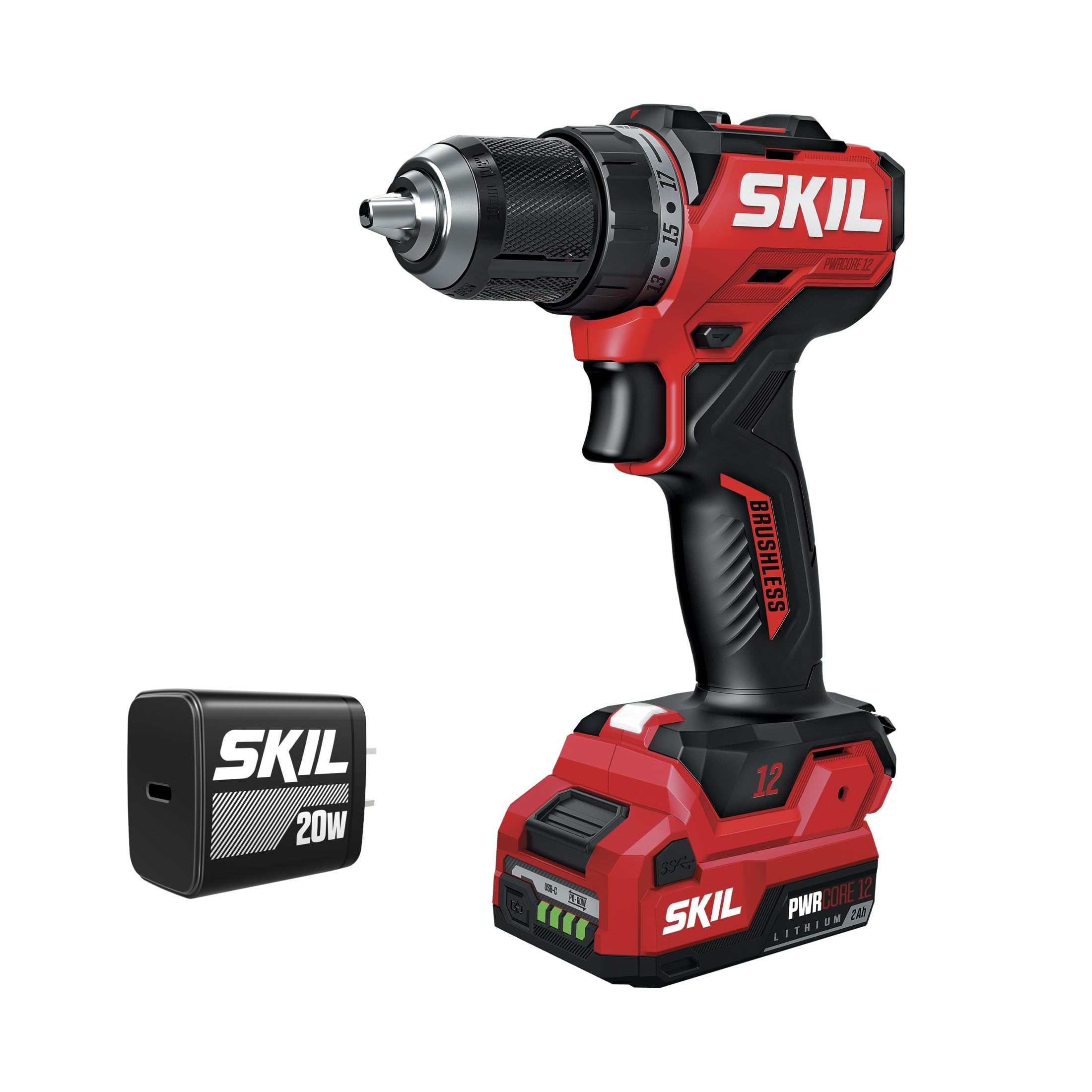 Skil 12V brushless drill driver kit ready for compact overhead use.
