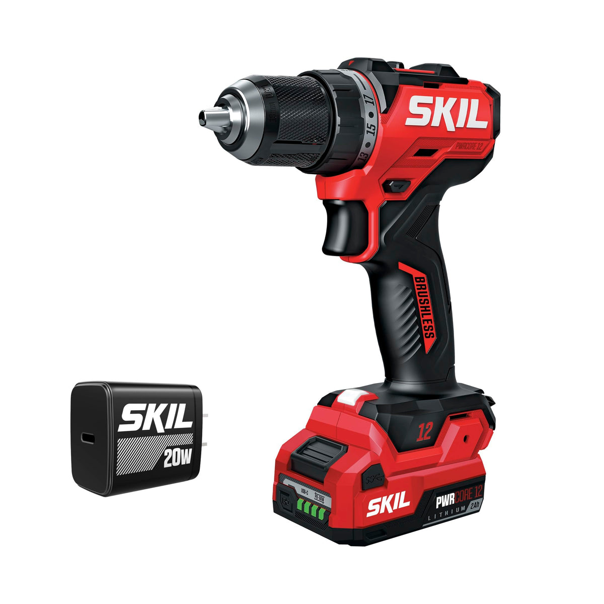 Skil 12V brushless drill driver kit ready for compact overhead use.