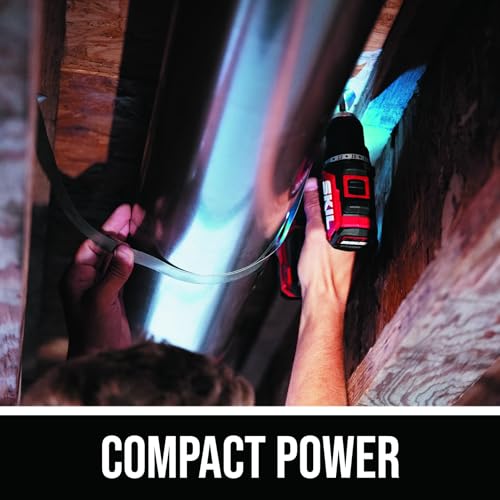 Skil 12V brushless drill with USB-C battery for easy charging.