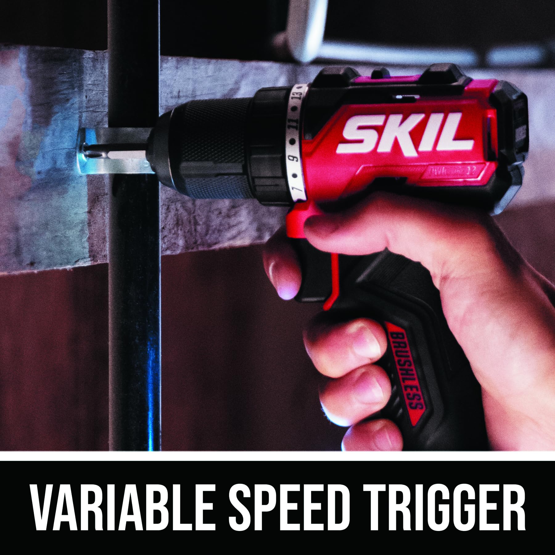 Skil 12V drill driver with variable speed trigger for precision.