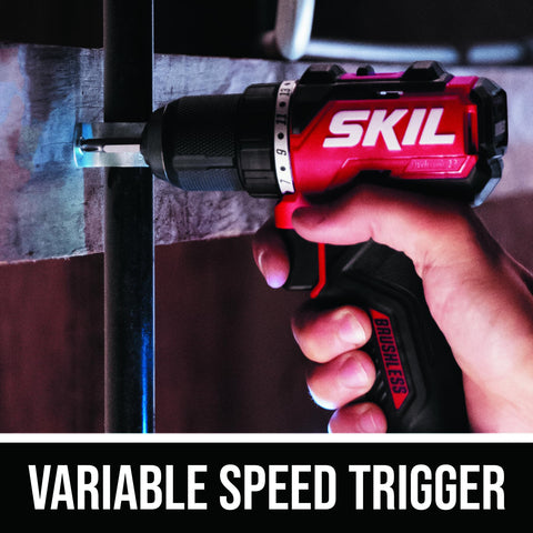 Skil 12V drill driver with variable speed trigger for precision.