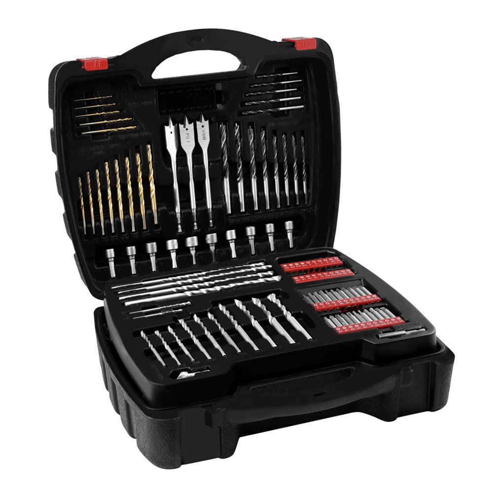 100-piece bit set included for wood, metal, plastic, and masonry.