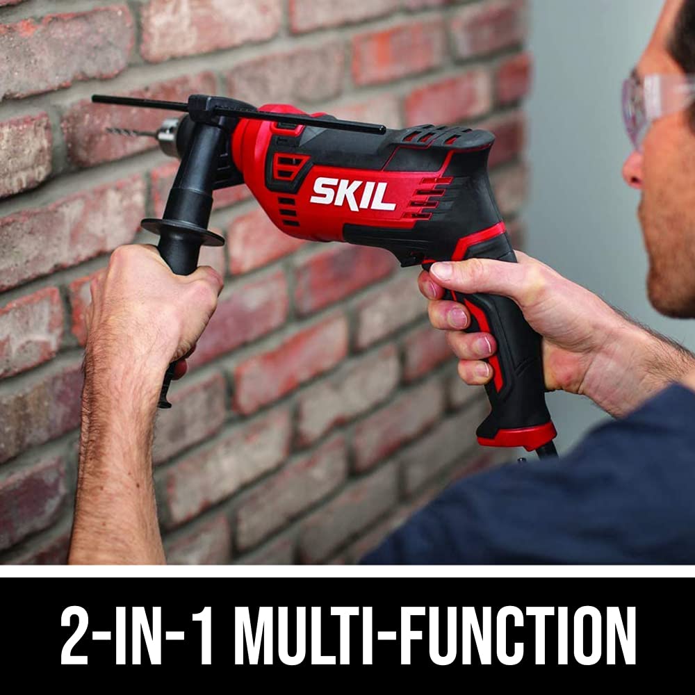 Skil hammer drill with 2-finger variable speed trigger for accuracy.