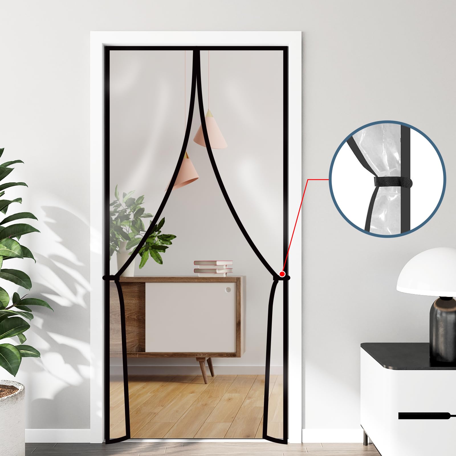 Skloopearg insulated curtain highlights magnetic closure for hands-free passage.