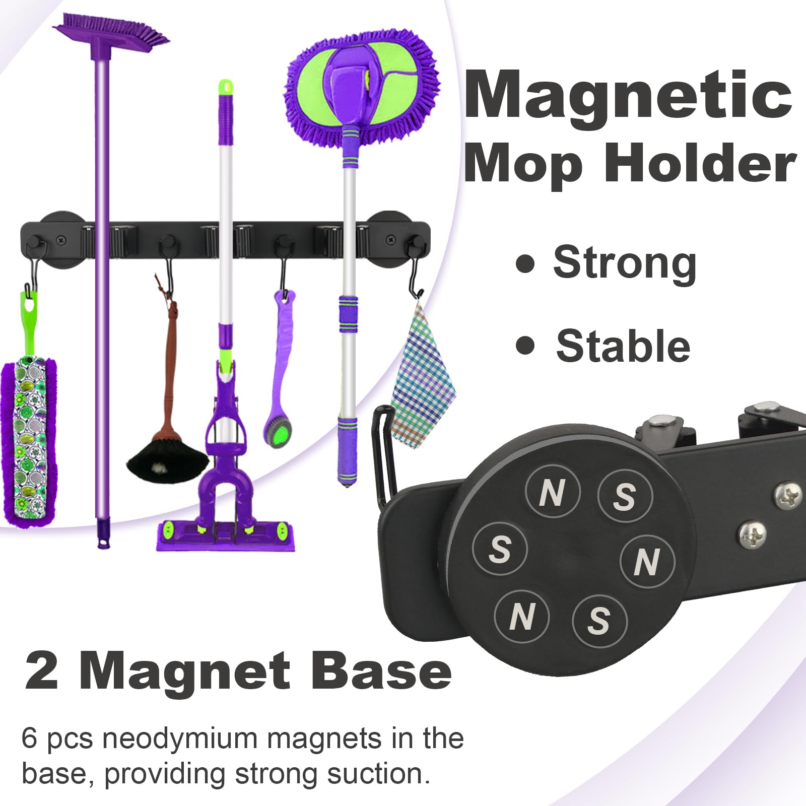 SKNOOY anti-slip mop hanger with spring-loaded slots keeps tools in place