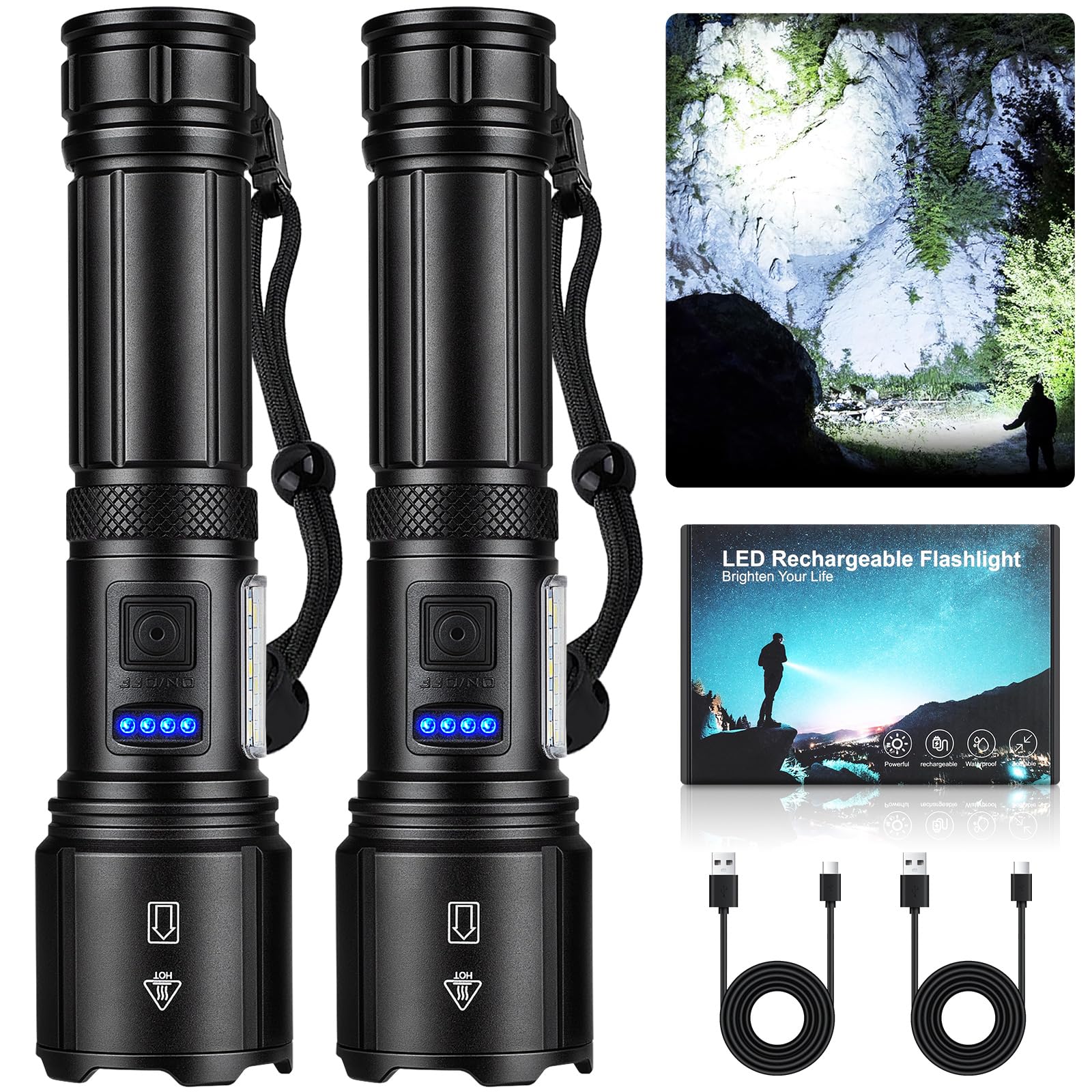 SKNSL dual-pack 99,000-lumen flashlights illuminate wide outdoor spaces during camping.