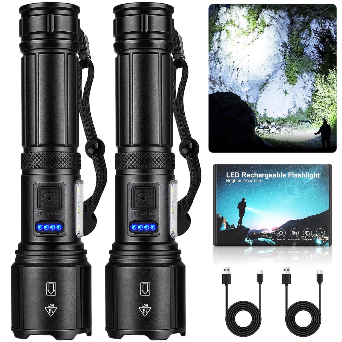 SKNSL dual-pack 99,000-lumen flashlights illuminate wide outdoor spaces during camping.