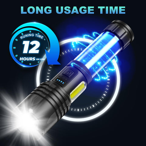 SKNSL USB rechargeable flashlight powered by power banks or outlets.