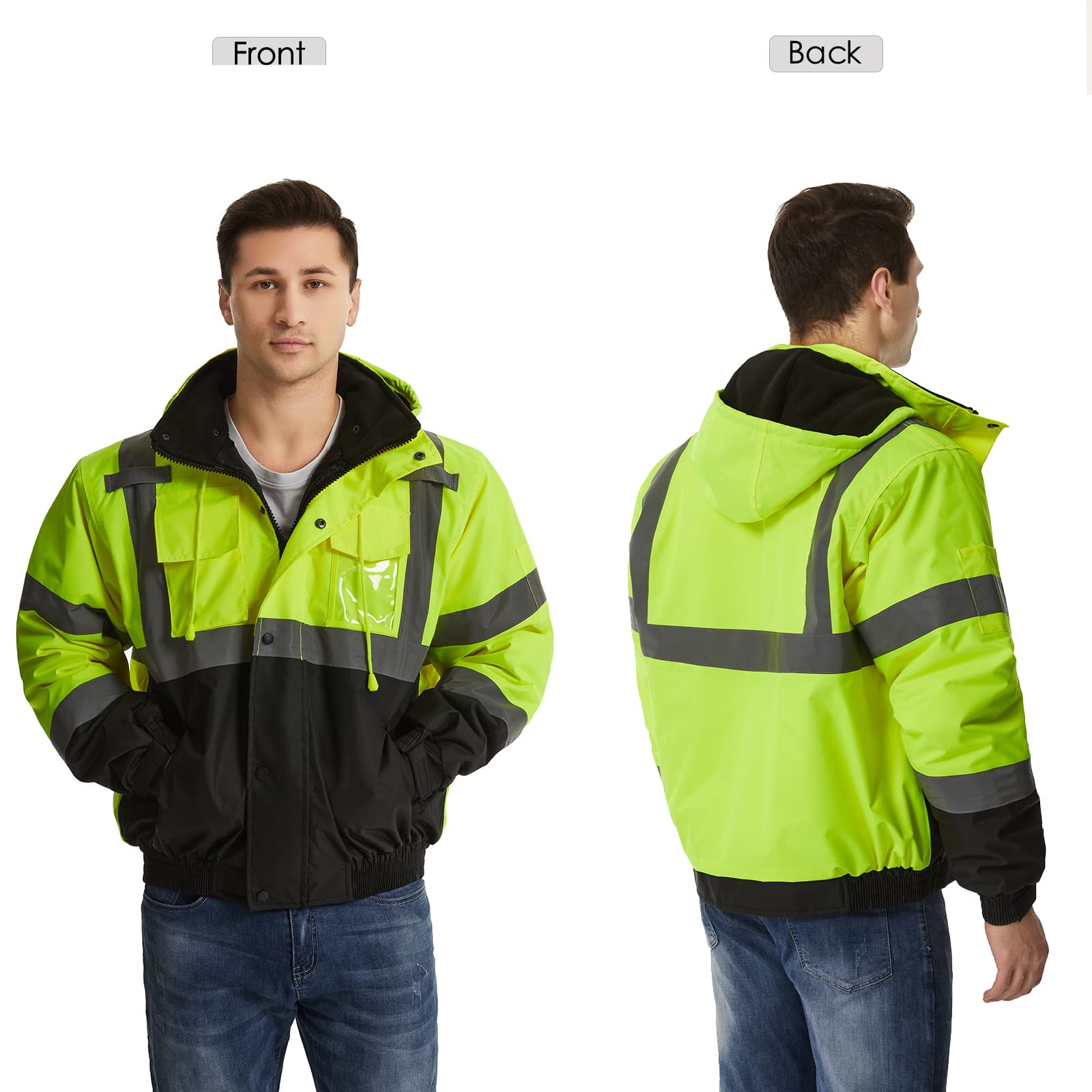 SKSAFETY high-visibility jacket back view shows 360° reflectivity and bold color.