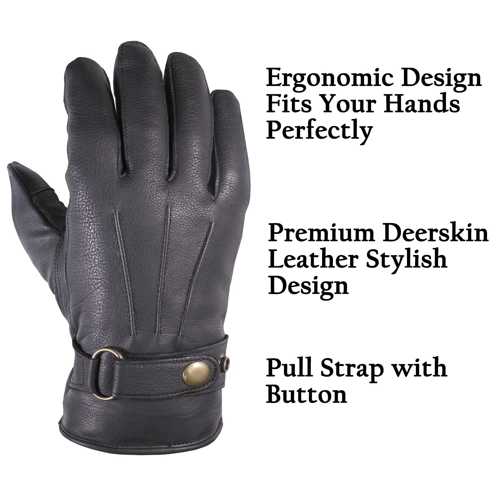 SKYDEER deerskin gloves with thermal jersey lining for soft warmth and moisture control.