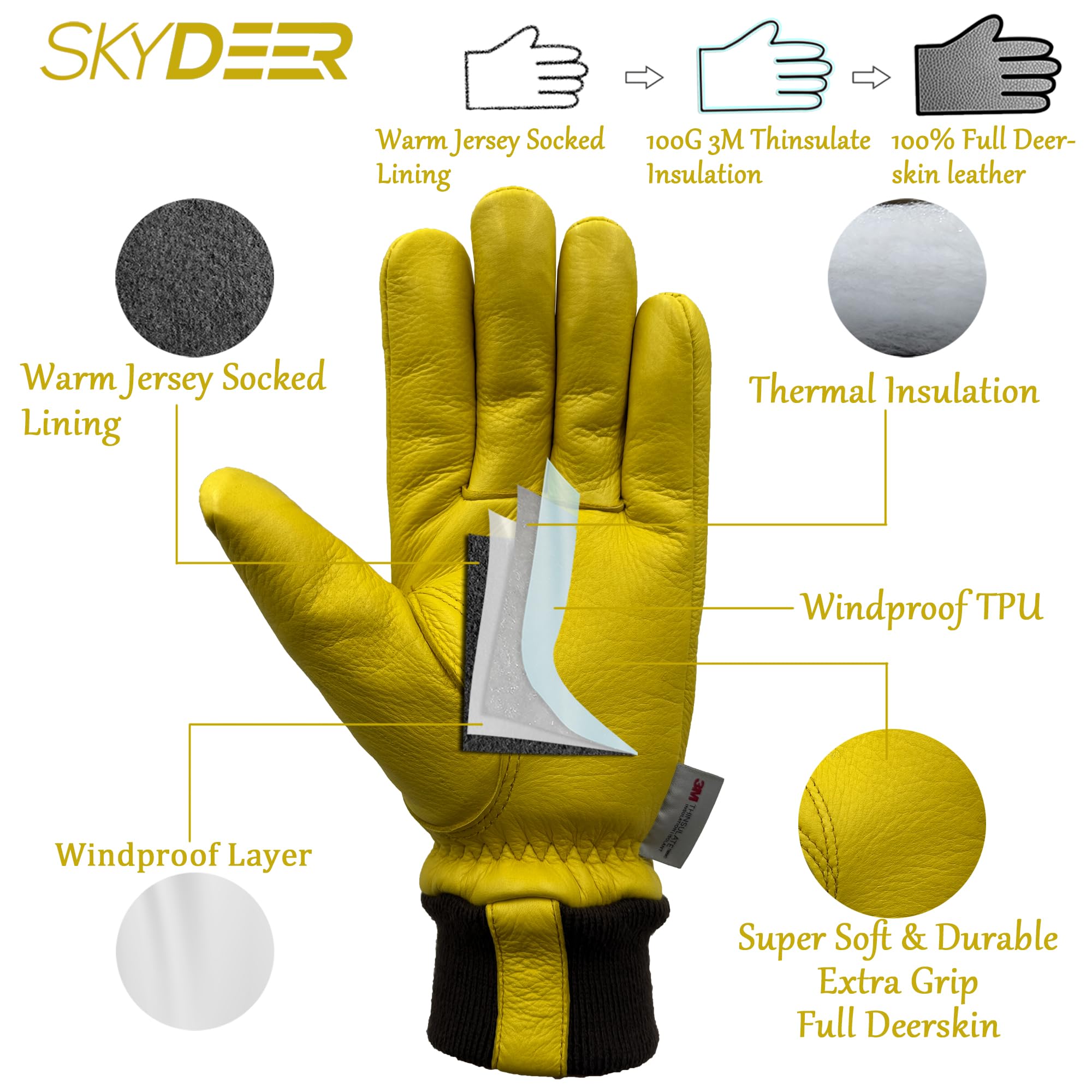 Skydeer gloves on hand demonstrating flexible fit and dexterity for winter tasks.