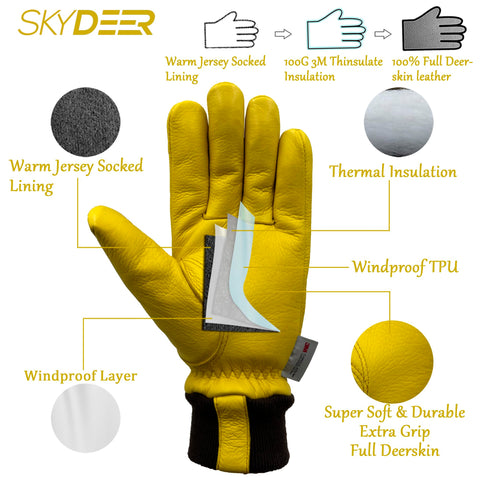 Skydeer gloves on hand demonstrating flexible fit and dexterity for winter tasks.