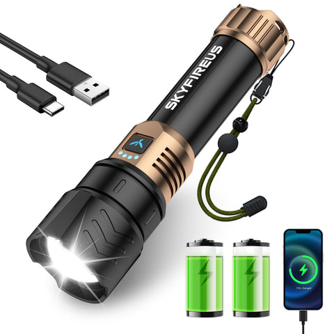 SKYFIRE flashlight front view showing sturdy aluminum body and grip for reliable handling