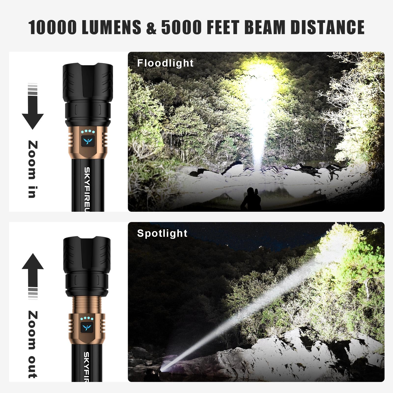 SKYFIRE flashlight zoom feature demonstrating spotlight and floodlight modes