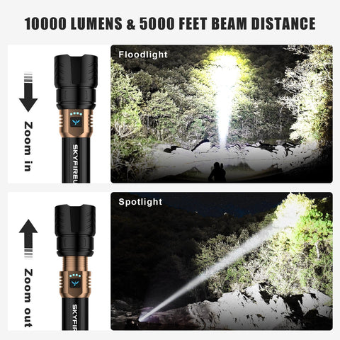 SKYFIRE flashlight zoom feature demonstrating spotlight and floodlight modes