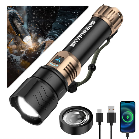 Skyfire flashlight with ignition lens on head, ready for outdoor use and fire-starting scenarios