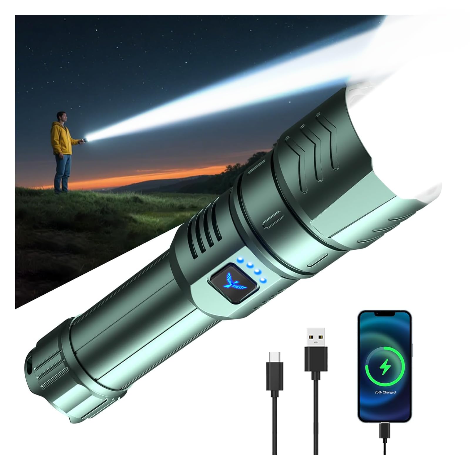 SKYFIRE LED flashlight with high-lumen beam for long-range outdoor visibility