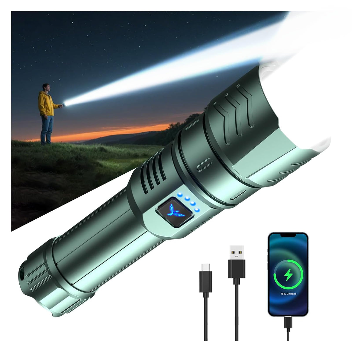 SKYFIRE LED flashlight with high-lumen beam for long-range outdoor visibility