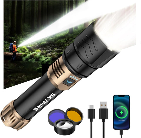 SKYFIRE LED flashlight packaging box displays premium design for gifting and storage.