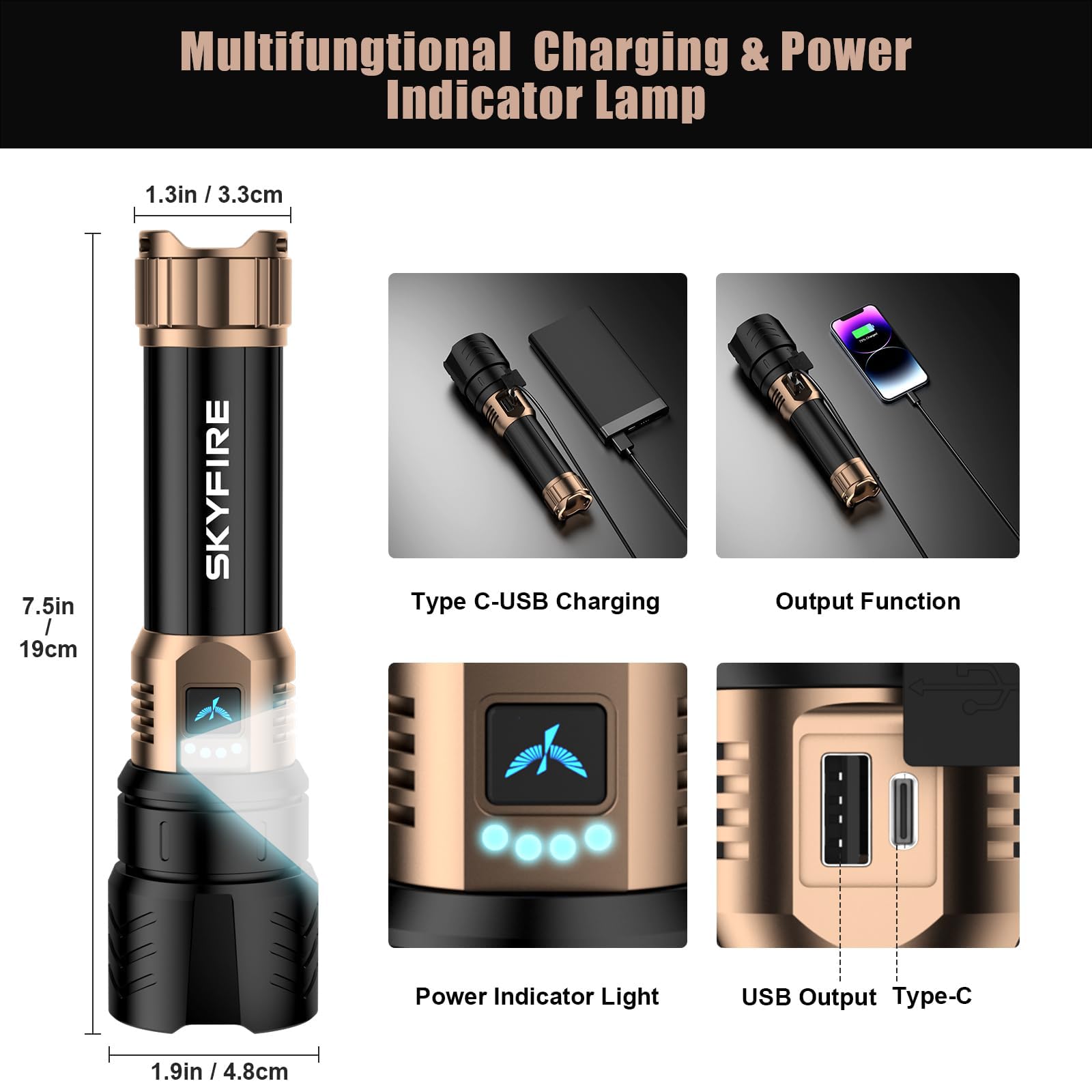 SKYFIRE rechargeable battery powers long trips with USB-C charging.