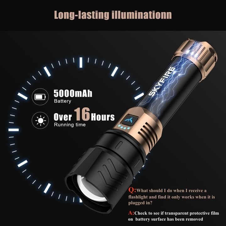 SKYFIRE flashlight supports reverse charging to power devices.