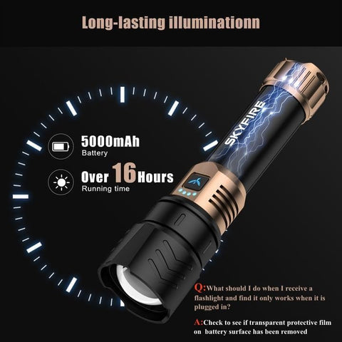 SKYFIRE flashlight supports reverse charging to power devices.