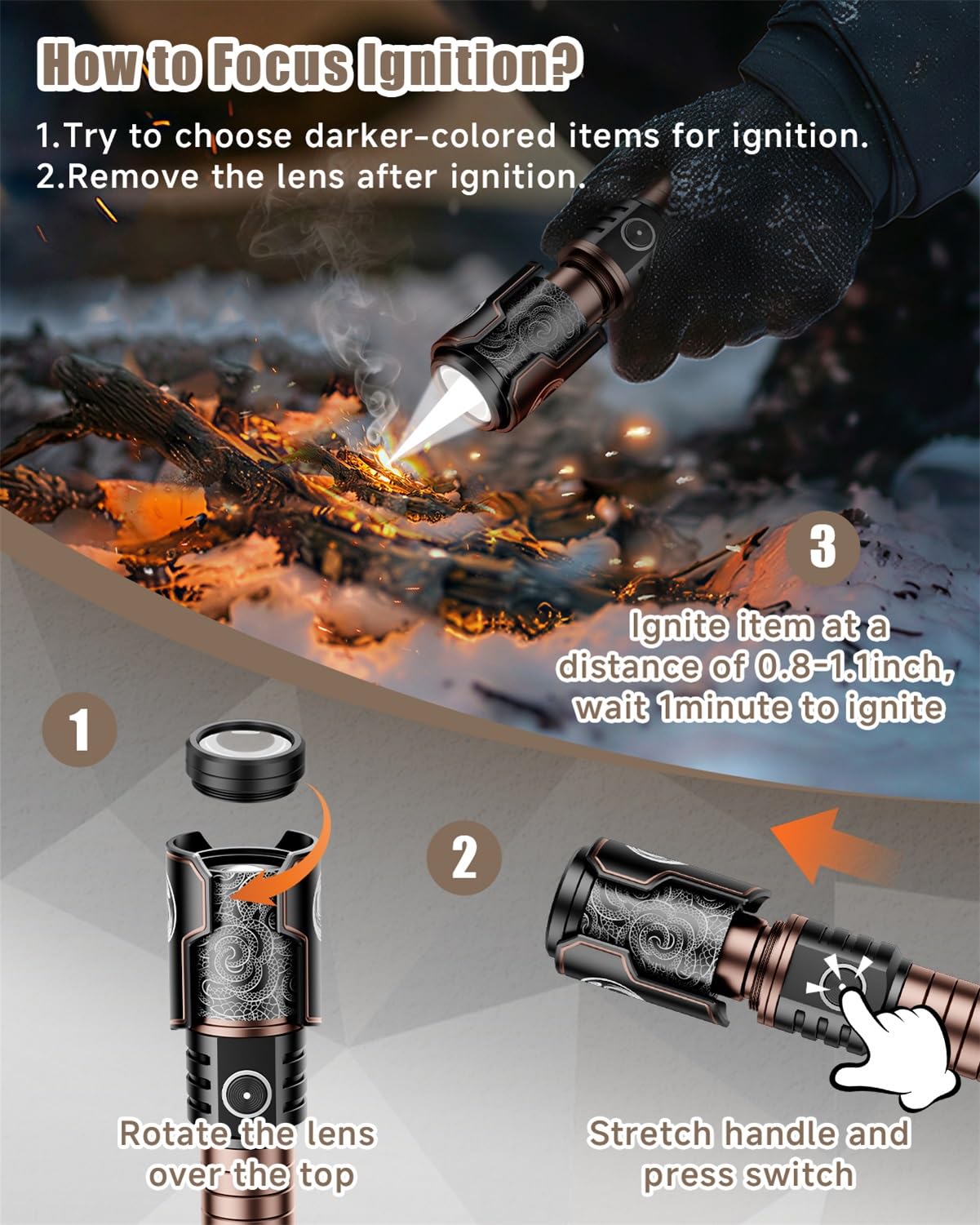 SKYFIRE LED flashlight zoomable-beam for precise spotlight and wide-area illumination.