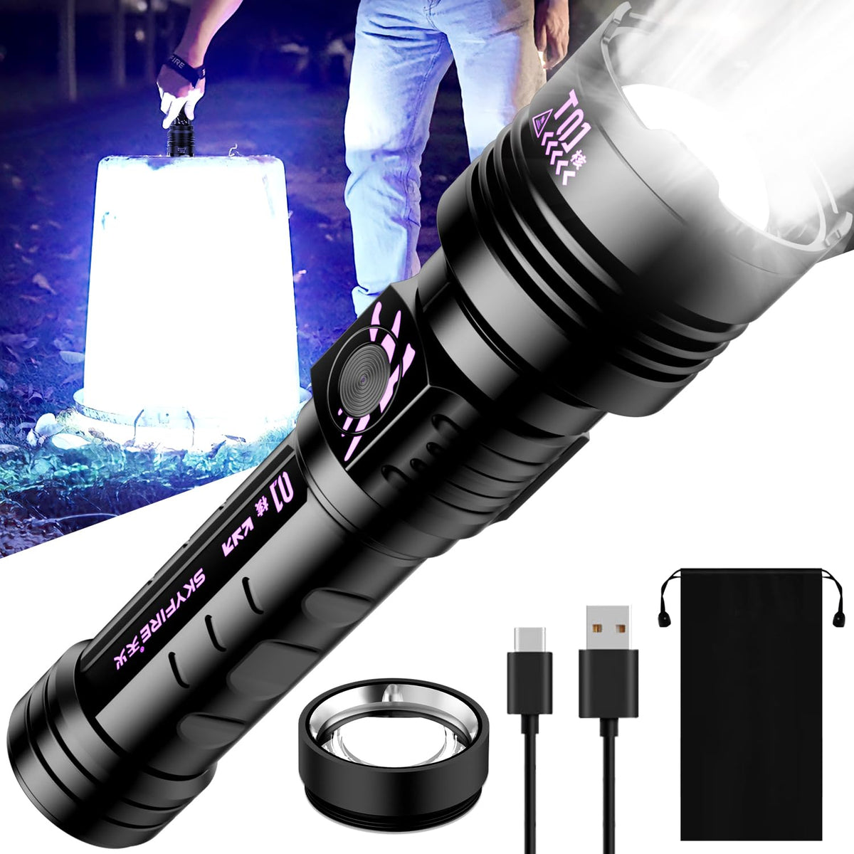 SKYFIRE rechargeable flashlight with zoom beam for outdoor visibility