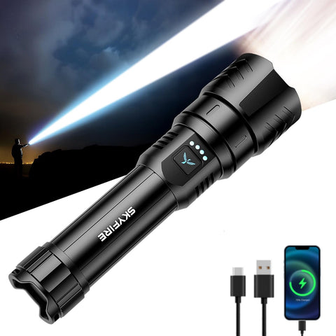 SkyFIRE Rechargeable Flashlight front view, compact and bright for outdoor adventures.
