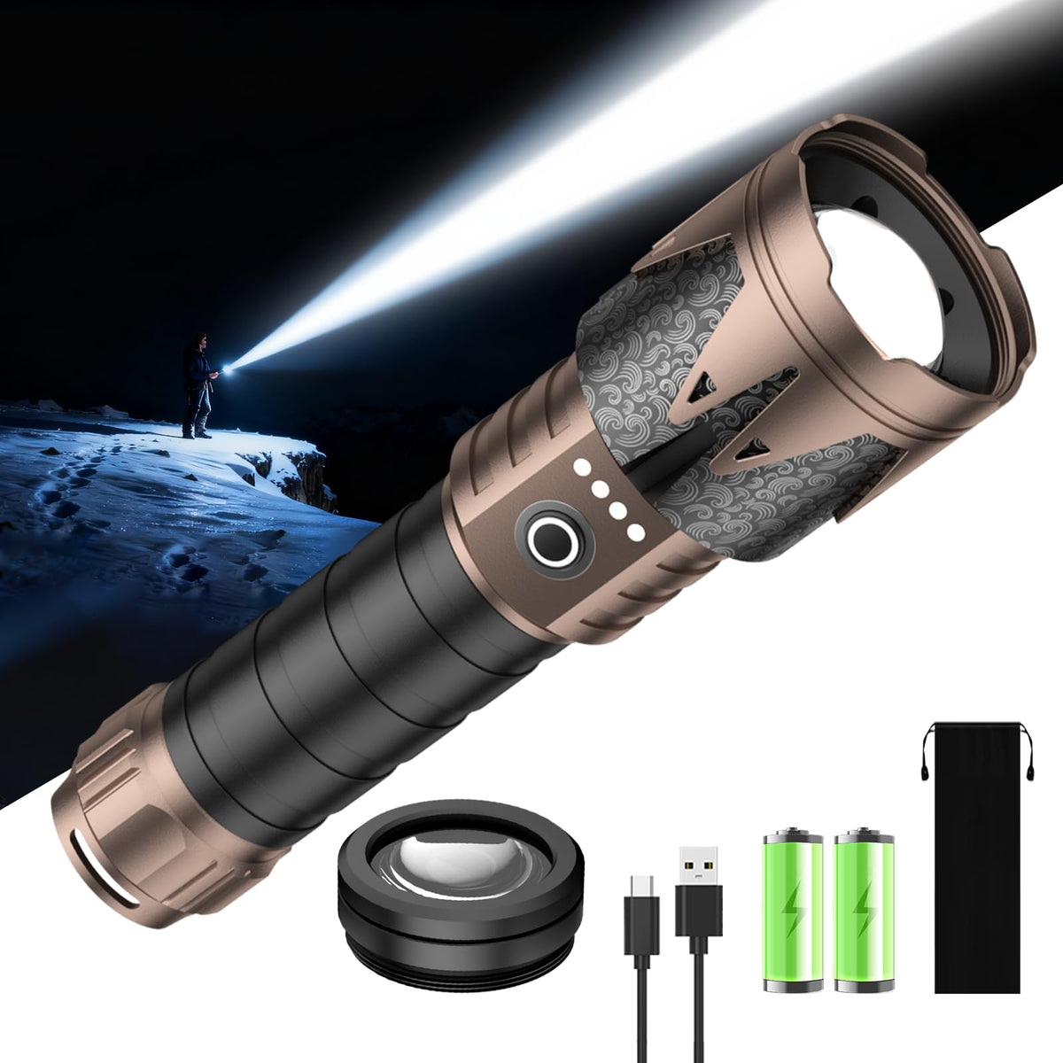 SKYFIRE rechargeable flashlight with ignition lens for reliable outdoor lighting.