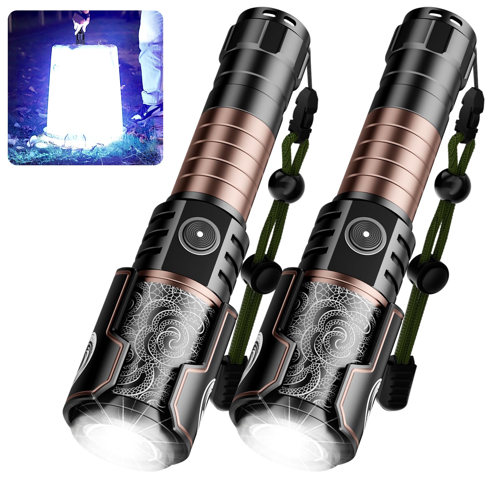 SKYFIRE rechargeable flashlights duo-pack with ignition lens for outdoor fire-starting.