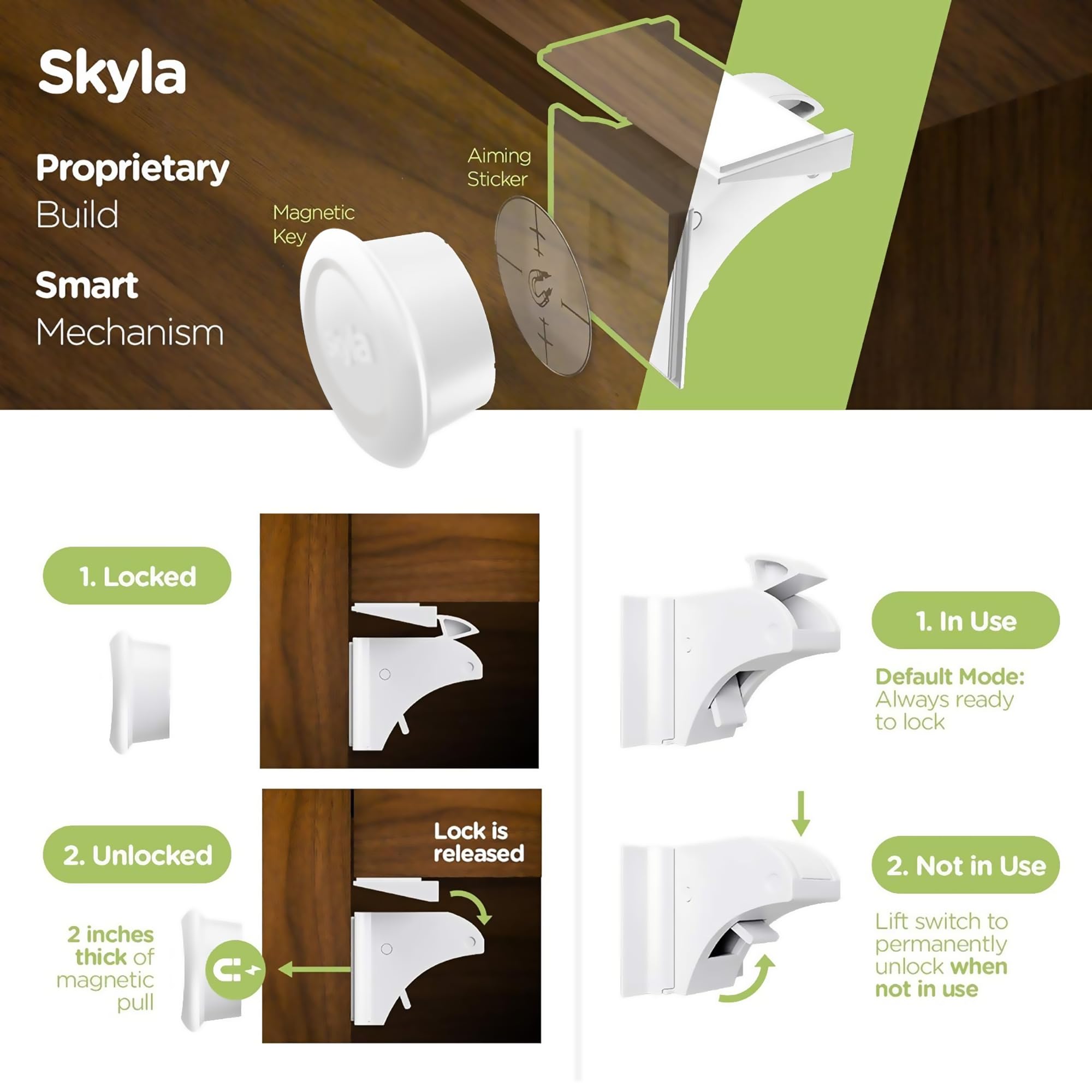 Cabinet door secured with a magnetic key and Skyla Homes lock