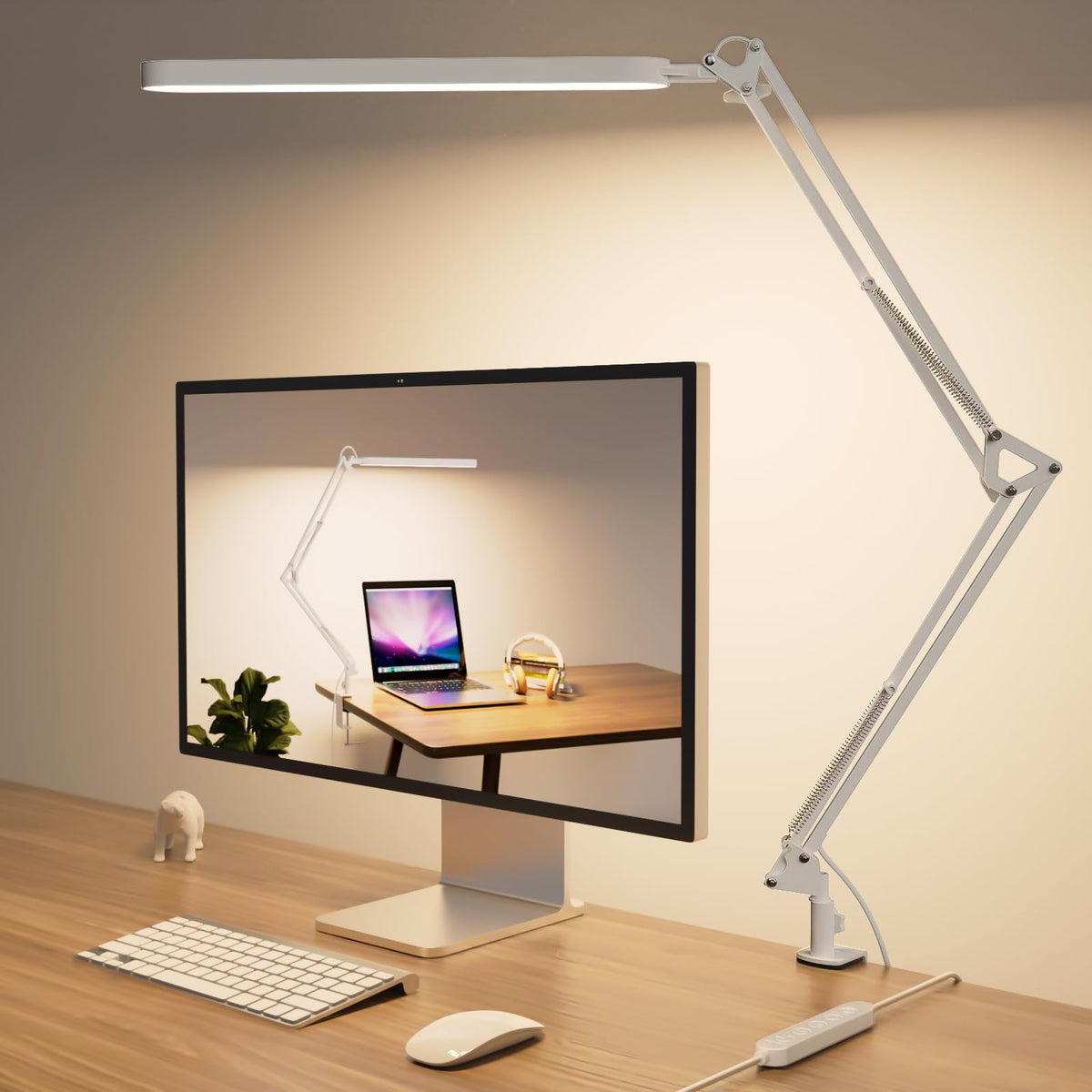 SKYLEO LED desk lamp clamps securely to the desk for clutter-free lighting.