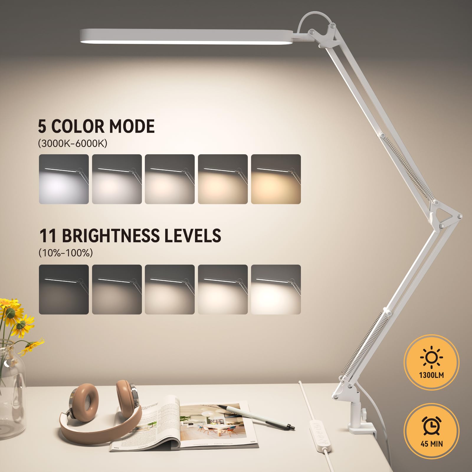 Swing arm extends smoothly for flexible reach across your workspace.
