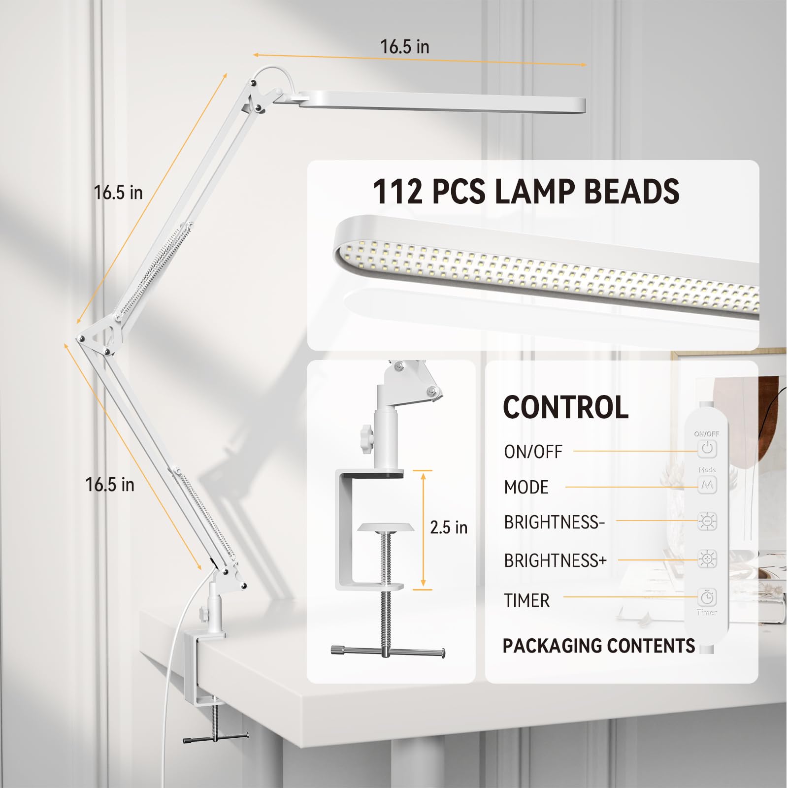 Rotating head and tilt prevent glare while you work.