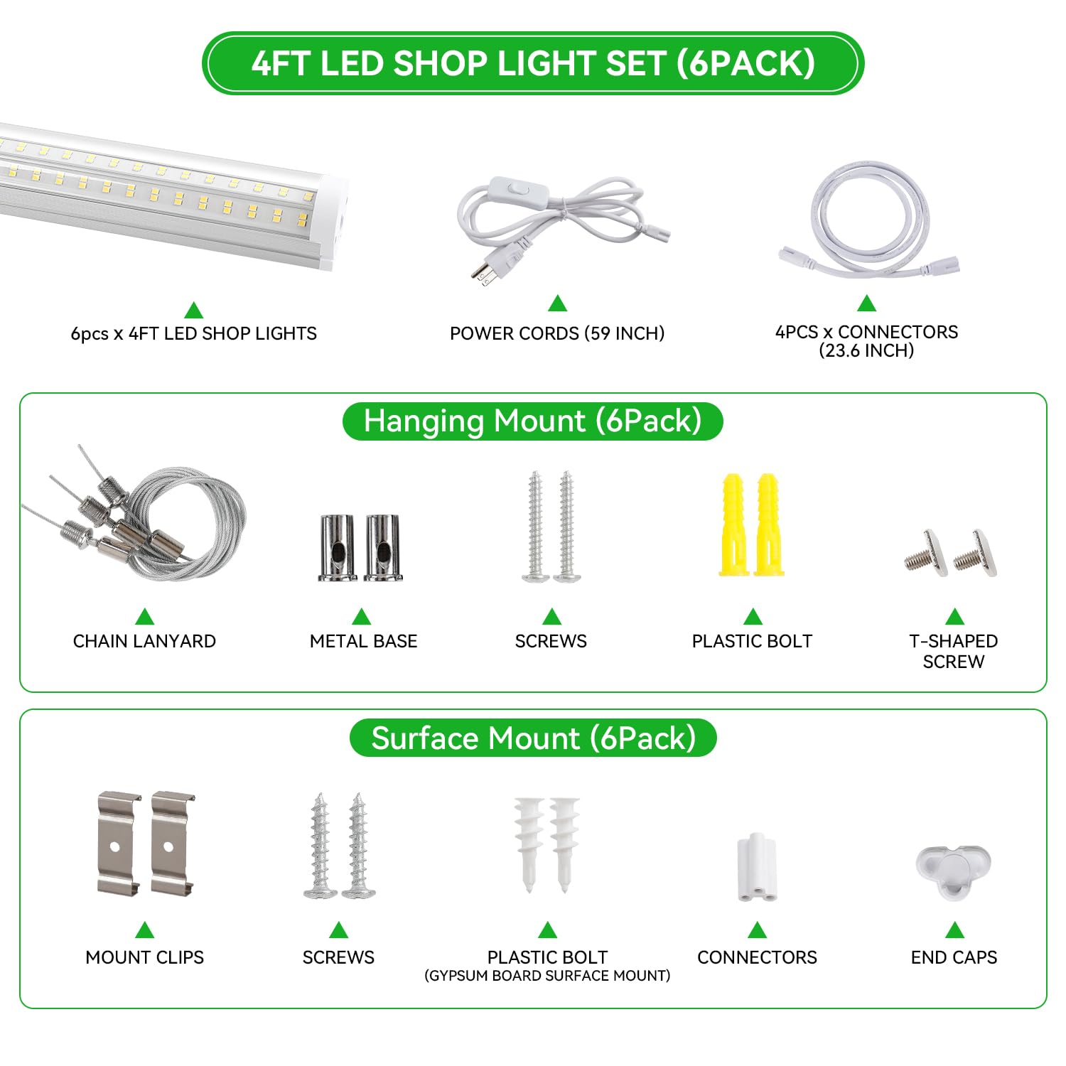 Skymoatled T12 LED shop light 6 pack includes cords and accessories.