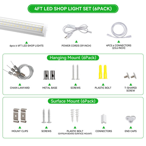 Skymoatled T12 LED shop light 6 pack includes cords and accessories.