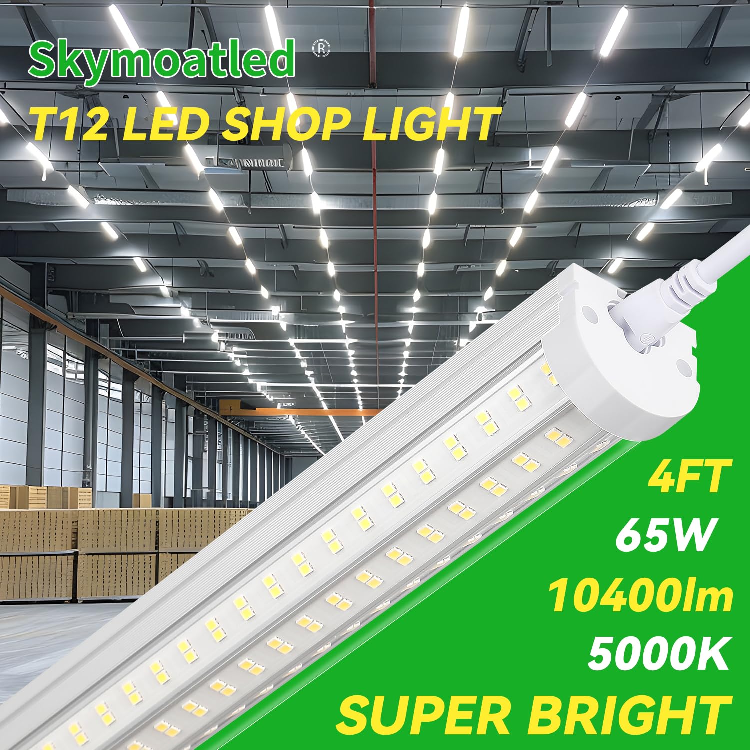 Skymoatled T12 LED shop light plug-and-play assembly enables quick, tool-free setup.