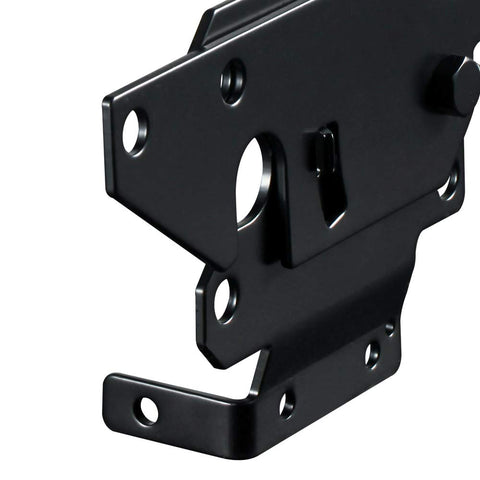 Close-up of SKYSEN latch with black powder-coated finish on outdoor gate