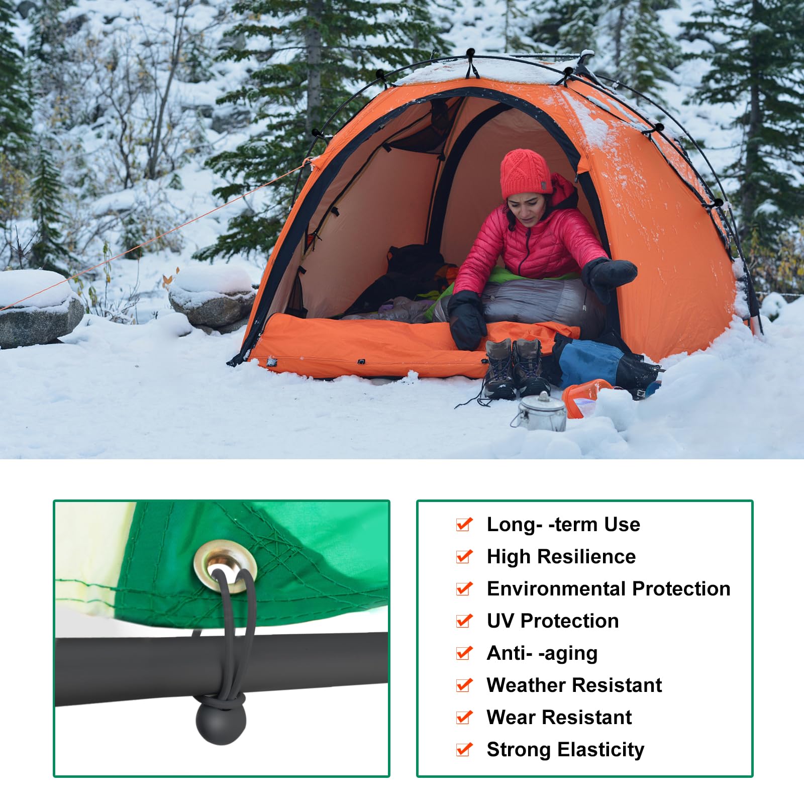 Skytened bungee ball tent pole securing poles with loop-and-ball action.
