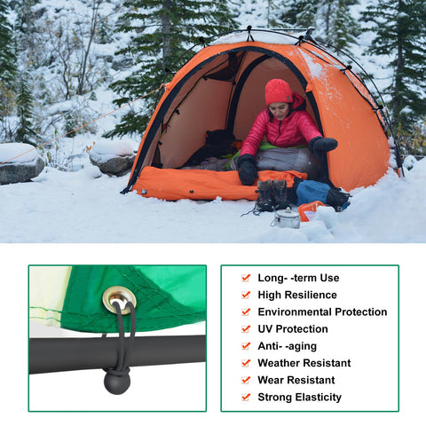 Skytened bungee ball tent pole securing poles with loop-and-ball action.