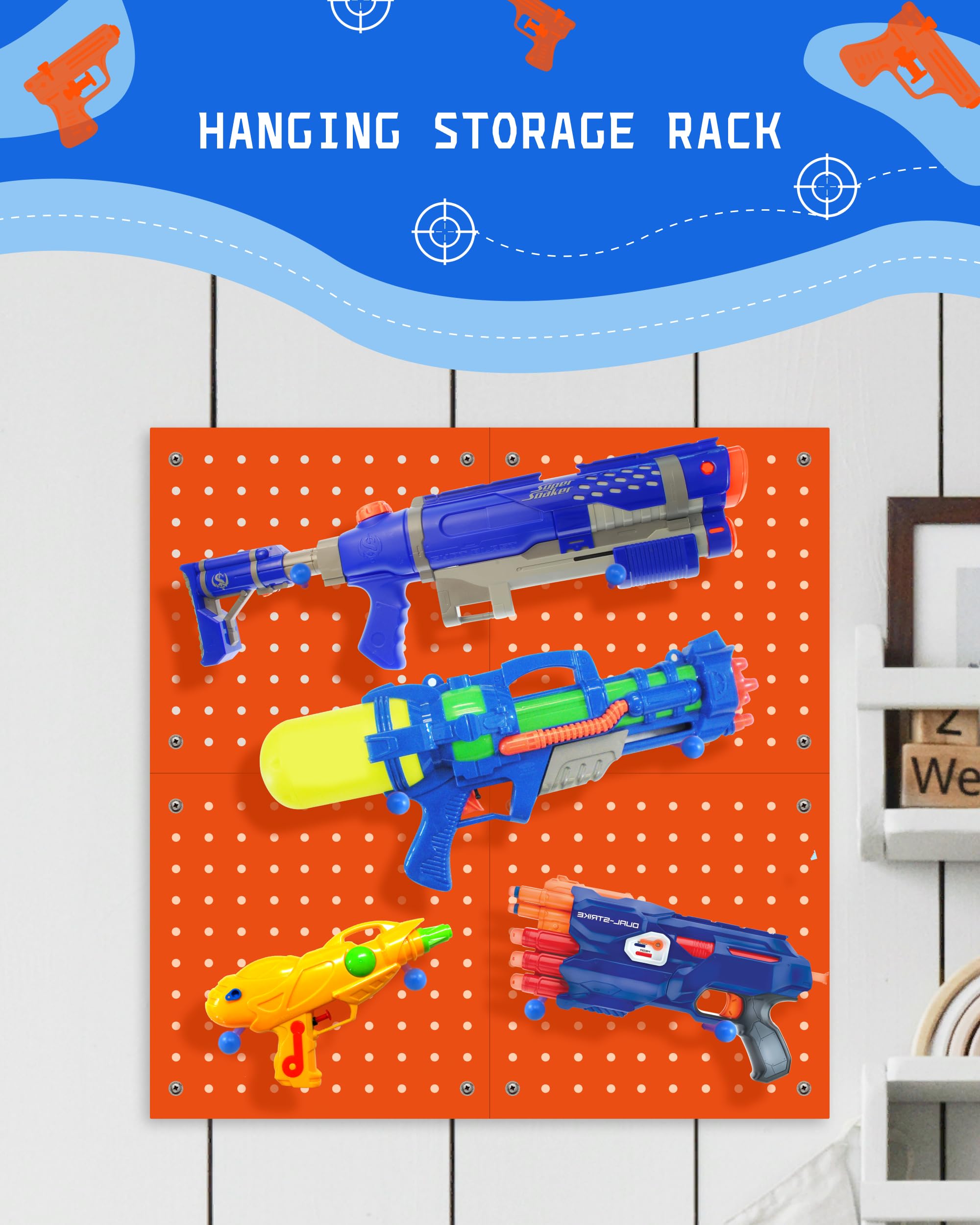 Orange peg board wall mount adds color while keeping gear organized.