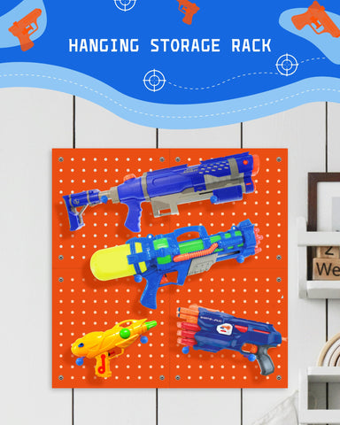 Orange peg board wall mount adds color while keeping gear organized.