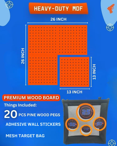Skywin peg board with mesh target bag for quick-access blaster setup.