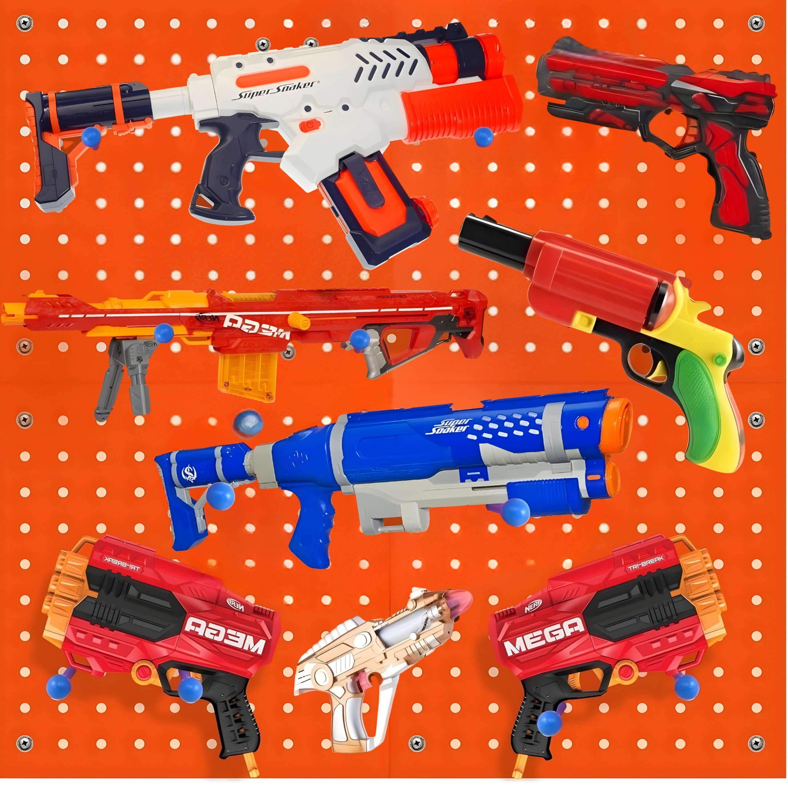 Skywin wooden peg board organizer on wall storing Nerf guns and accessories neatly.