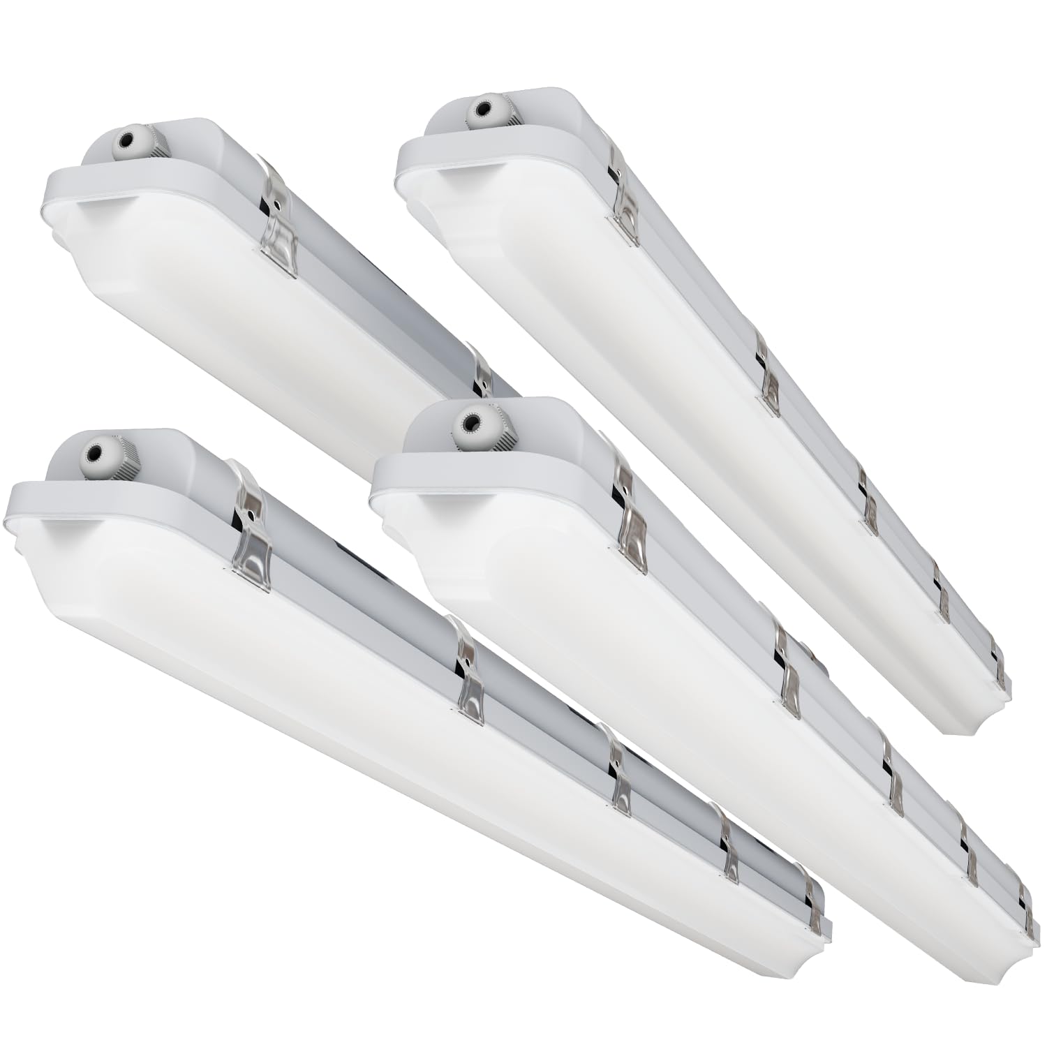 SLAclite 4ft LED vapor-tight light, front view, bright garage illumination.